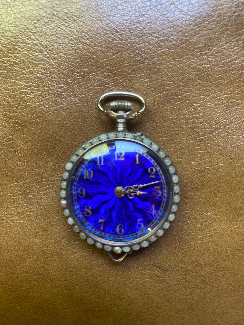 100+ years old, working Swiss pendant watch blue guilloche enamel Fleur de Lis